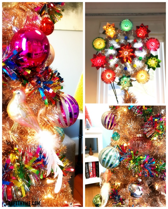 Details of candy colored glass ornaments and retro style tree topper for Christmas.
