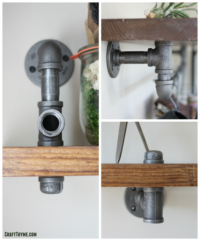 Using pipe to make industrial brackets for shelves.